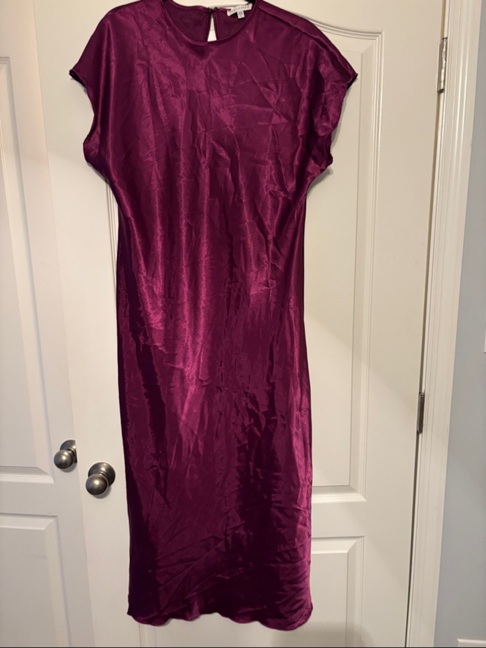 Elegant Berry Satin Maxi Dress with Cap Sleeves